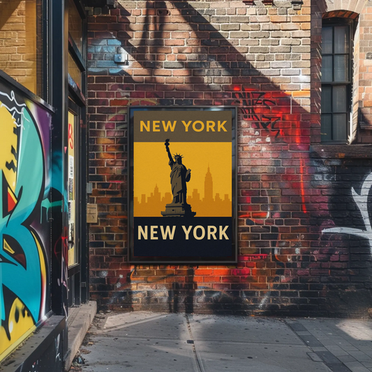 New York Statue Liberty Minimalist Golden Skyline Travel Poster