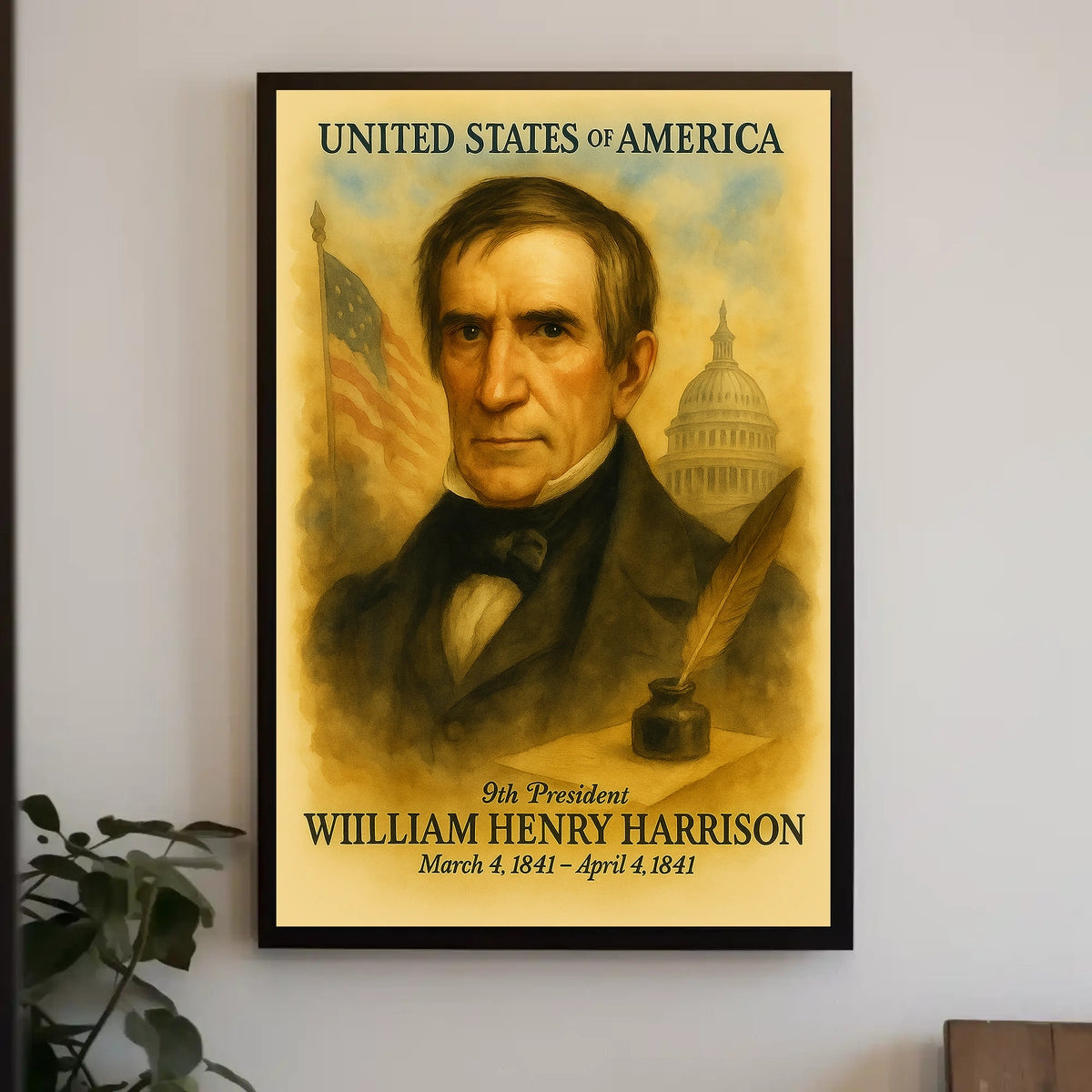 William Henry Harrison 9th President of the United States Vintage Watercolor Poster