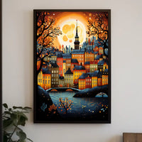 Vibrant Moonlit Classic European Townscape Art Travel Poster