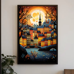 Vibrant Moonlit Classic European Townscape Art Travel Poster