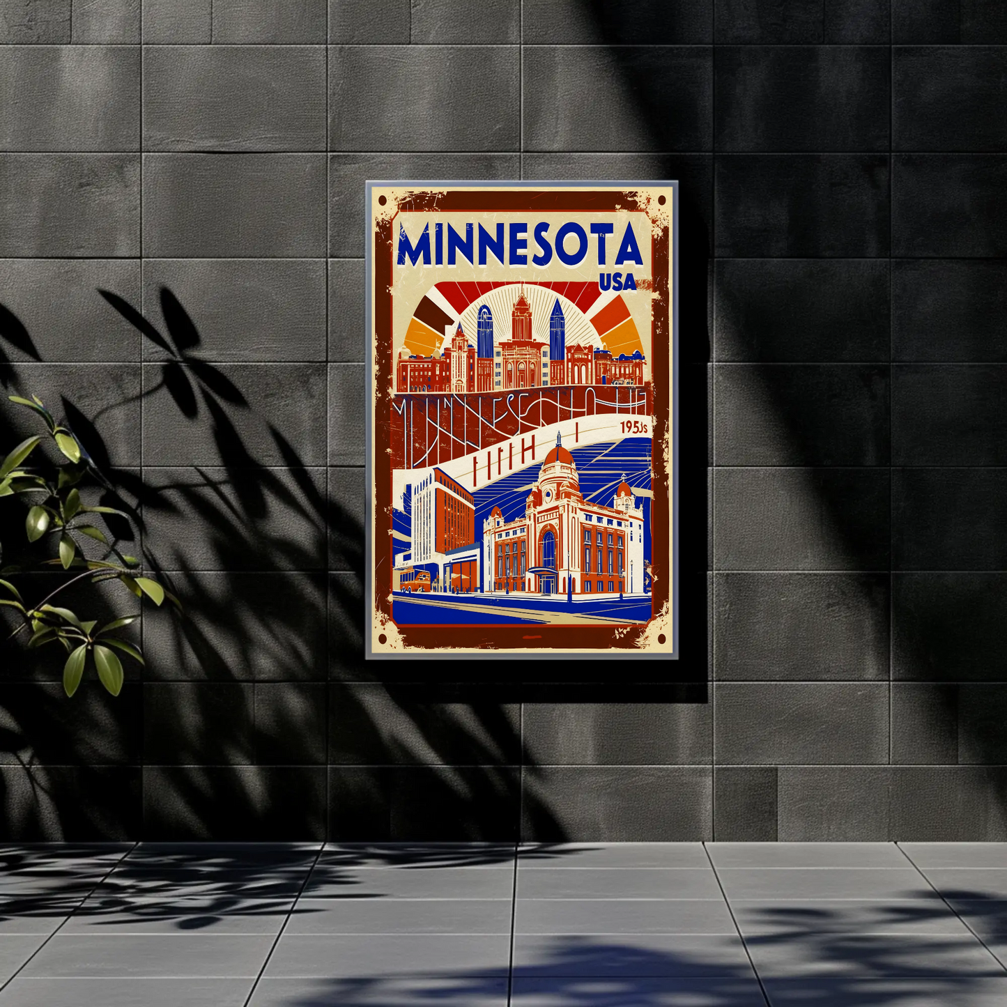 Minnesota USA 1950s Civic Skyline Vintage Travel Poster