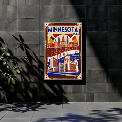 Minnesota USA 1950s Civic Skyline Vintage Travel Poster