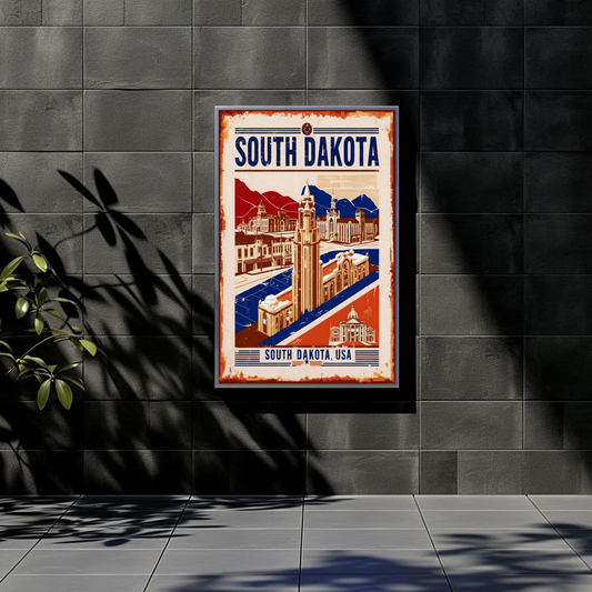South Dakota USA Towering Civic Hall Vintage Travel Poster