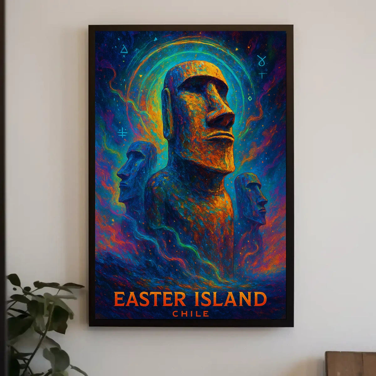 The poster showcases Easter Island, with a focus on the iconic Moai statues, Travel Poster