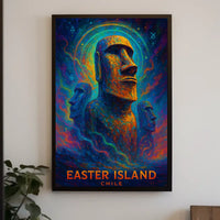 The poster showcases Easter Island, with a focus on the iconic Moai statues, Travel Poster
