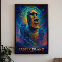 The poster showcases Easter Island, with a focus on the iconic Moai statues, Travel Poster