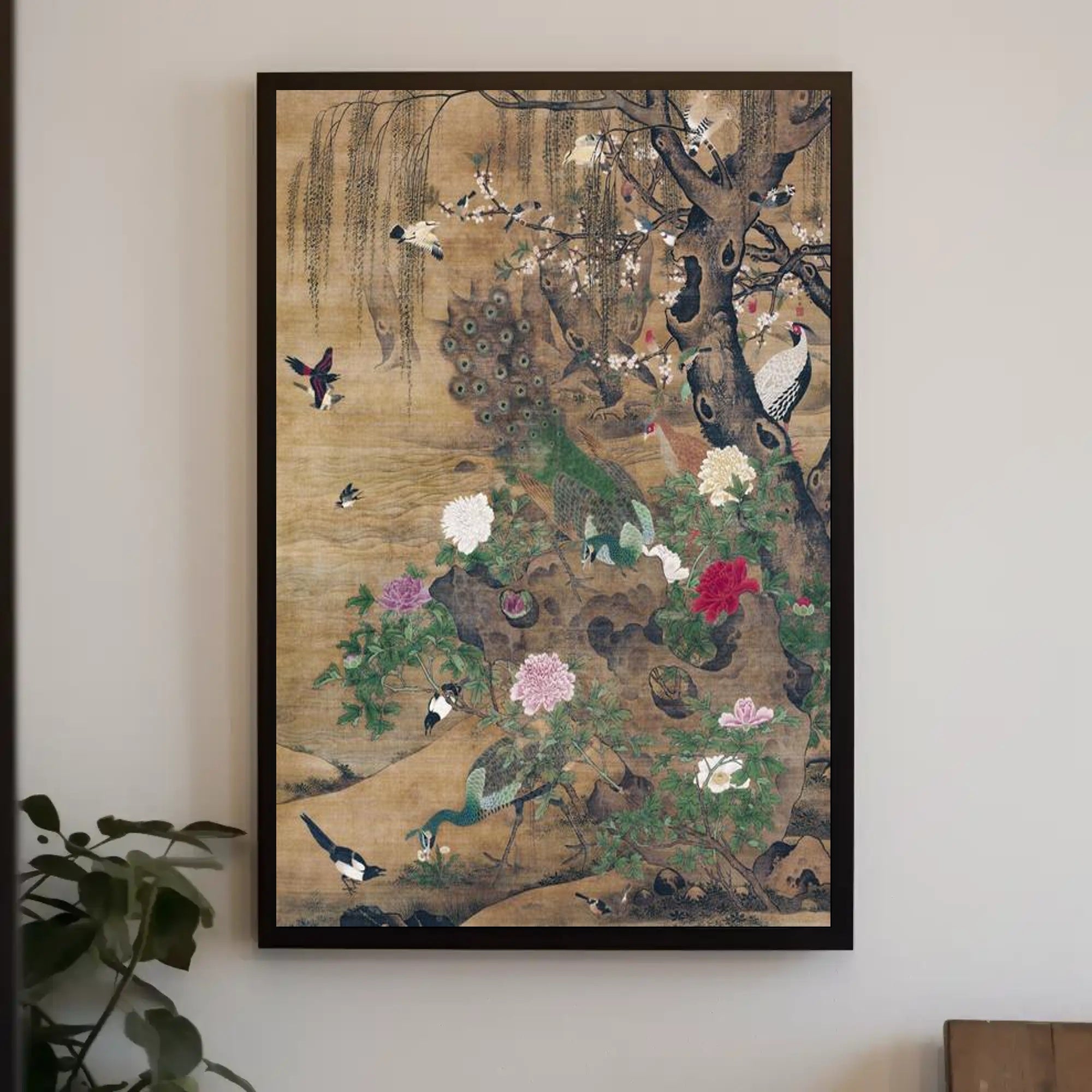 Serene Nature: Vibrant Peacocks and Blossoming Trees Poster