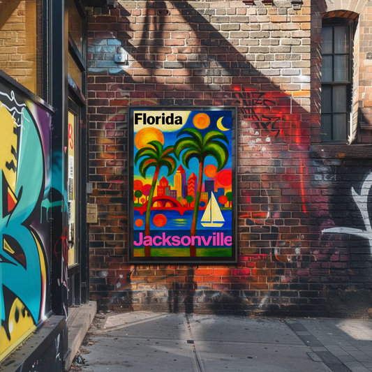 Jacksonville Florida Vibrant Skyline With Sailboat Travel Poster
