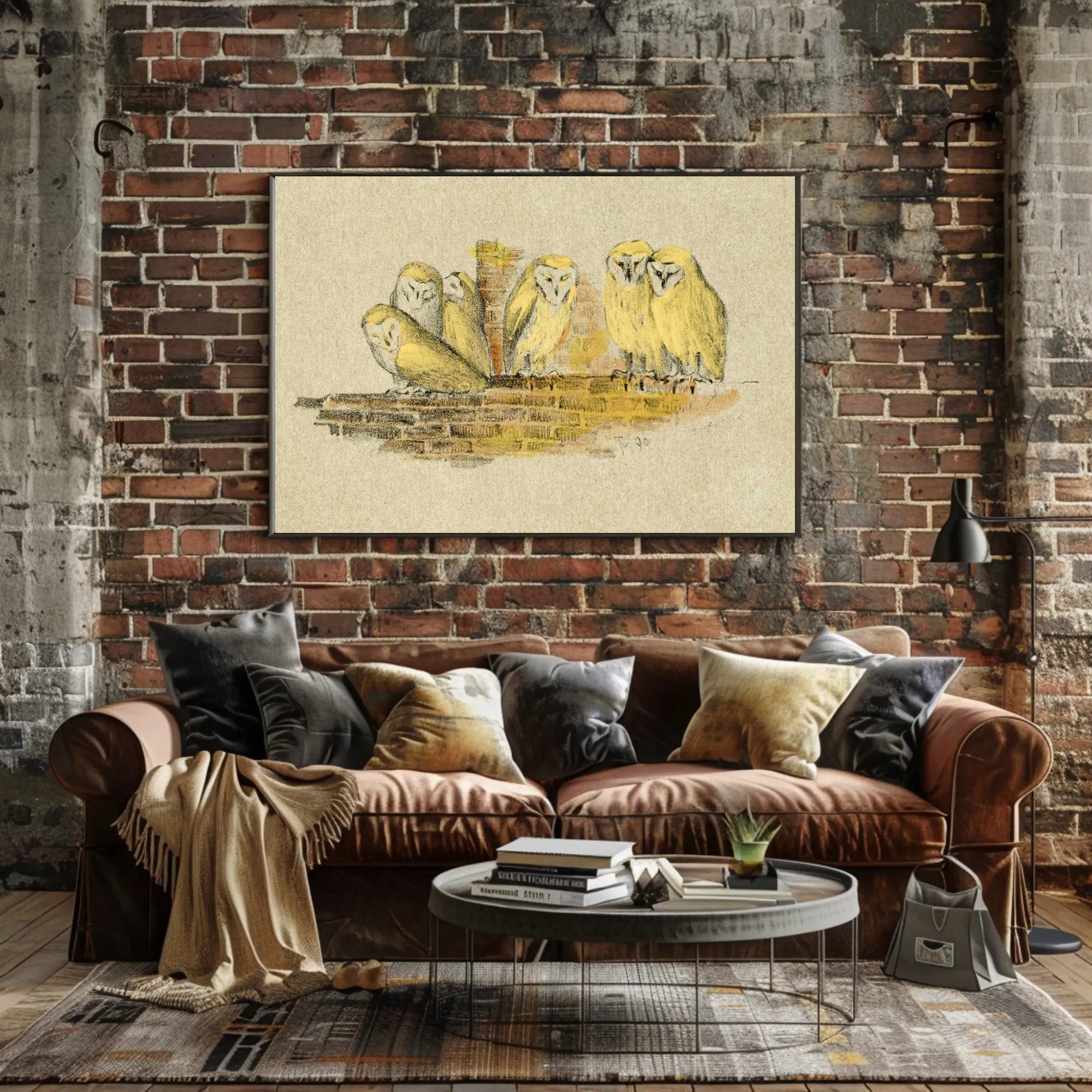 Owls on Rustic Ledge Vintage Animal Poster