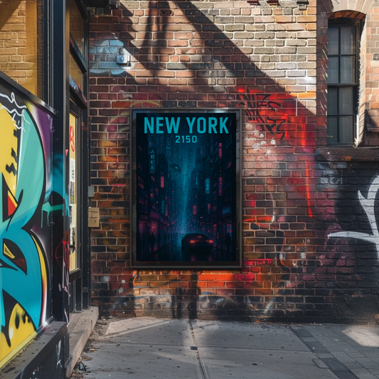 New York Cyberpunk Night Streets 2150 Vintage Travel Poster