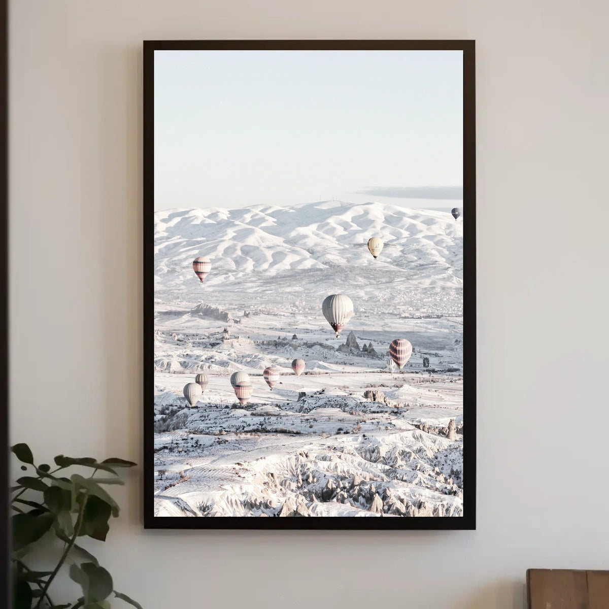 Serene Hot Air Balloons Over Snowy Landscape Travel Poster