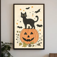 Halloween-Themed Black Cat Carved Pumpkin Bats Stars Poster