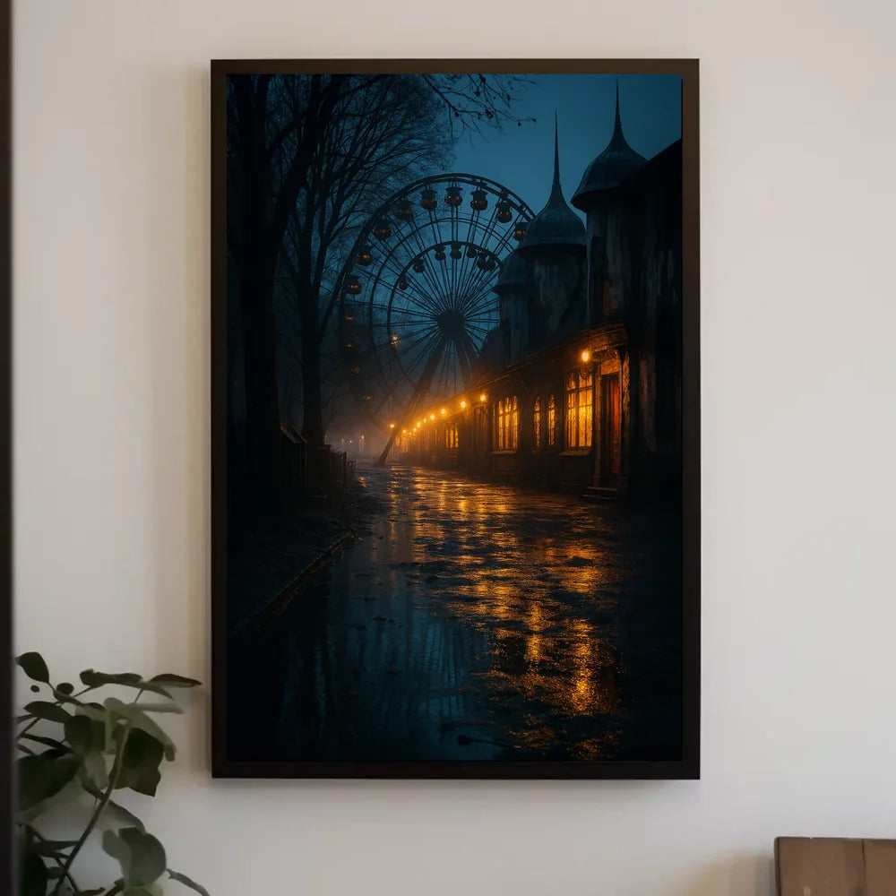 Eerie Nighttime Amusement Park Urban or Cityscape Poster PosterGoat