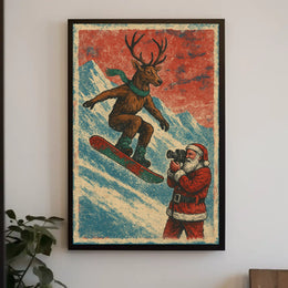 Whimsical Reindeer Snowboarding Vintage Christmas Poster