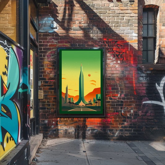 Futuristic Skyline Green Sunset Cityscape Travel Poster