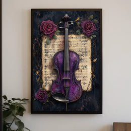 Artistic Purple Violin and Flowers Abstract Poster