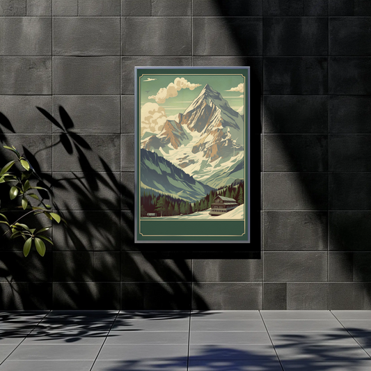 Wood Cabins Under Mountain Sky Vintage Travel Poster