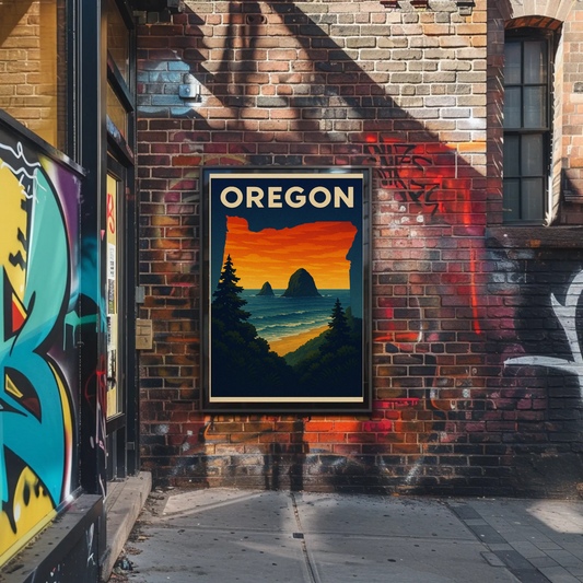 Oregon Coastal View Sunset Forest Travel Poster
