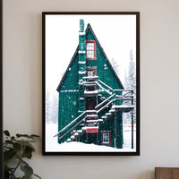 Charming Winter Cabin in Snowy Forest Scene