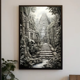 Ancient Jungle Pyramid Landscape Art: Cultural or Heritage Poster