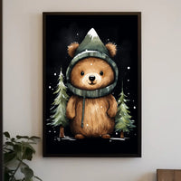 Whimsical Bear in Mountain Hood Cartoon Poster