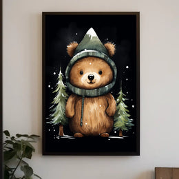 Whimsical Bear in Mountain Hood Cartoon Poster