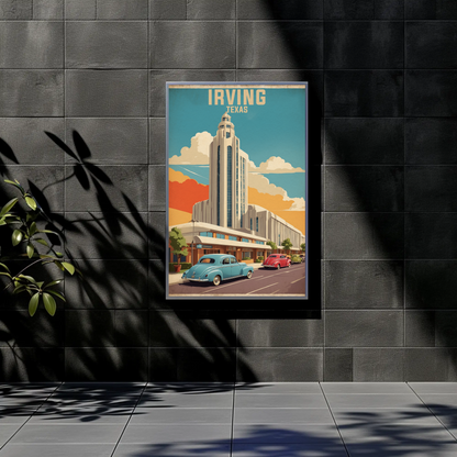 Irving Texas Art Deco Building Cars Retro Vintage Travel Poster