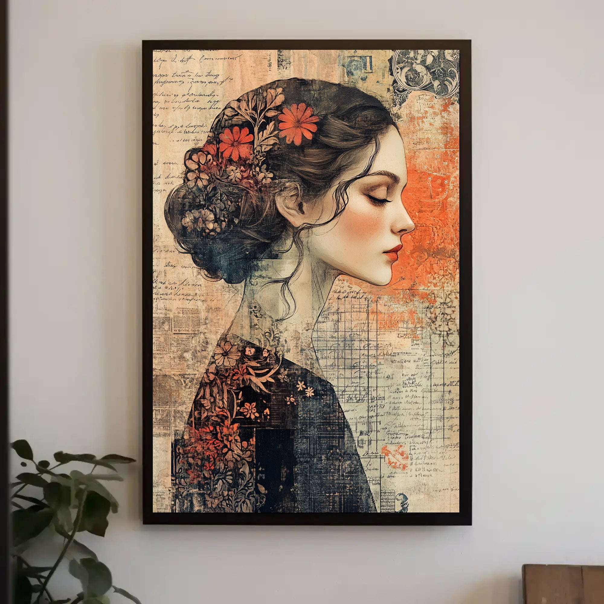 Elegant Woman's Profile with Floral Elements - Artistic Poster