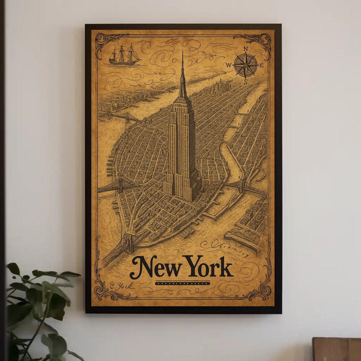 New York Cityscape Illustration Poster Vintage Wall Art