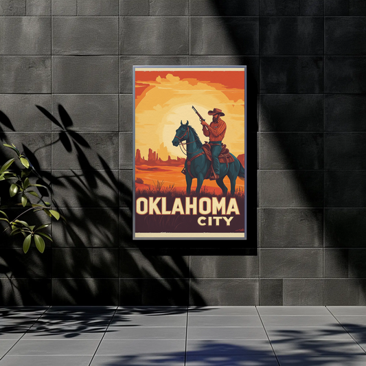 Oklahoma City Vintage Poster - Cowboy Sunset