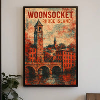 Vintage Woonsocket Clock Tower Nostalgic Watercolor Poster