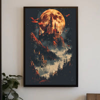 Mystical Castle and Dragons Fantasy Art Poster PosterGoat