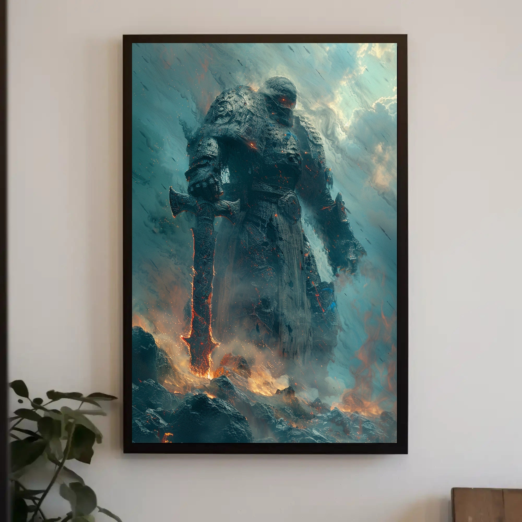Mythical Warrior in Fiery Landscape Fantasy Poster PosterGoat