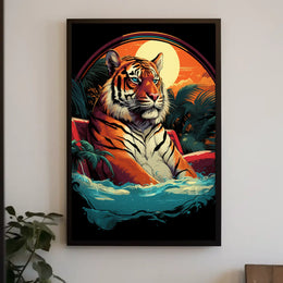 Tiger Majestically Lounging Amid Vivid Tropical Plants Animal Poster
