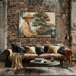 Elderly Man Bonsai Art Poster Vintage Style