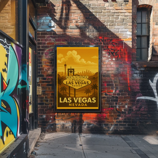 Golden Las Vegas Skyline Welcome Sign Retro Poster