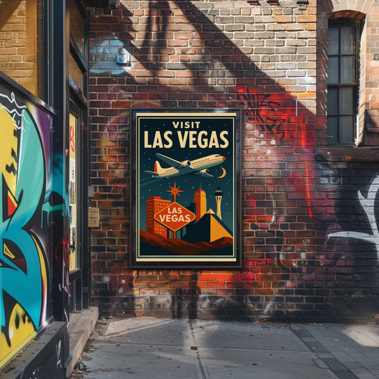 Visit Las Vegas Stylized Airliner Night Neon Glow Travel Poster