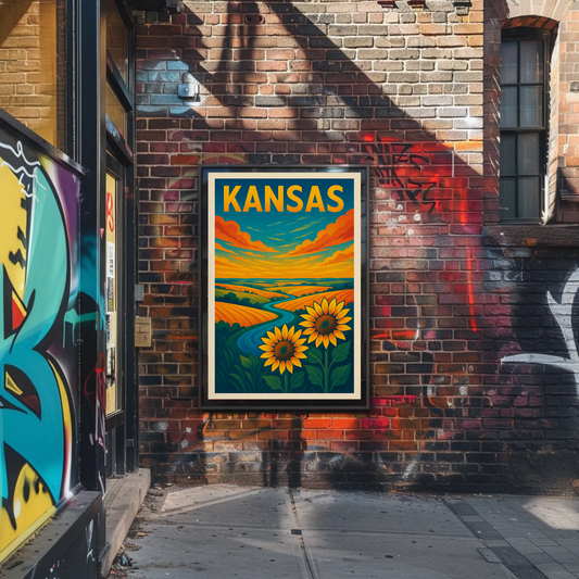 Kansas Sunflower Fields River Prairie Landscape Travel Poster