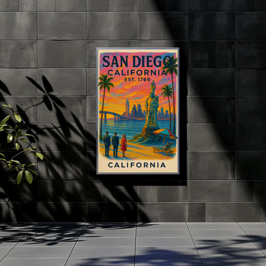 San Diego Sunset Poster Skyline View Vintage Travel Poster