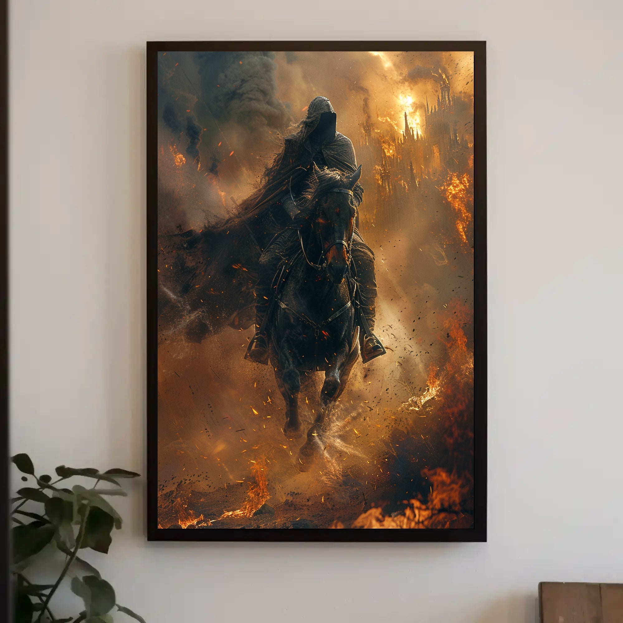 Epic Hooded Rider in Fiery Cityscape Fantasy Poster PosterGoat