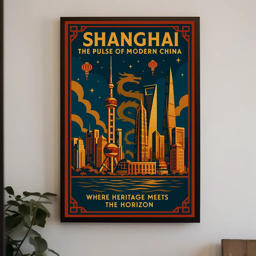 Vibrant Shanghai Cityscape with Dragon Mythology Urban Poster PosterGoat