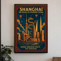 Vibrant Shanghai Cityscape with Dragon Mythology Urban Poster PosterGoat