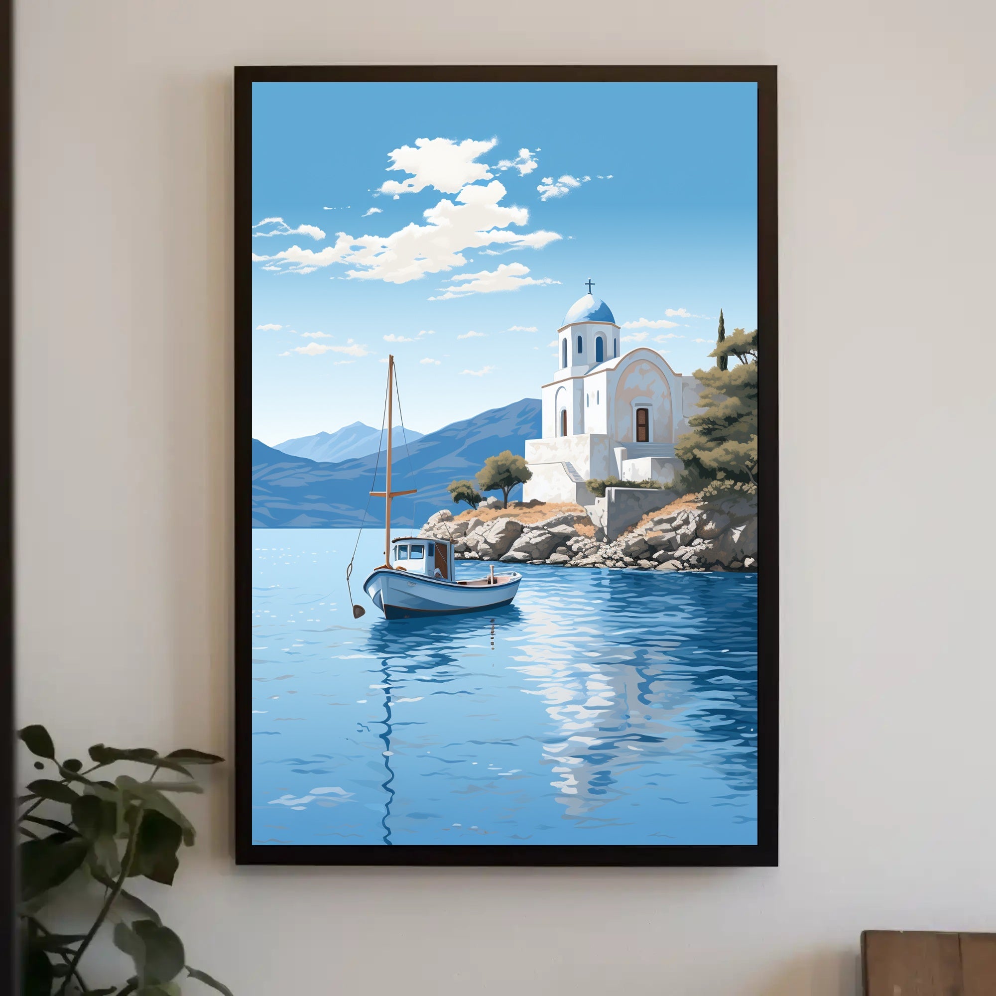 Mediterranean Coastal Serenity Greece Illustration - Travel Poster