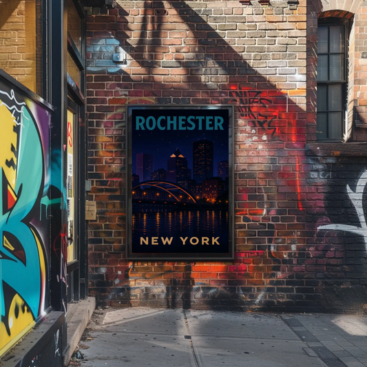 Rochester New York Night Skyline River Lights Travel Poster Travel Poster