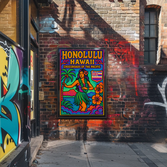 Honolulu Hawaii Pacific Vibrant Dancer Ocean Travel Poster
