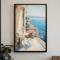 Mediterranean Balcony Scene: European Coastal Serenity Travel Poster