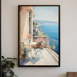 Mediterranean Balcony Scene: European Coastal Serenity Travel Poster