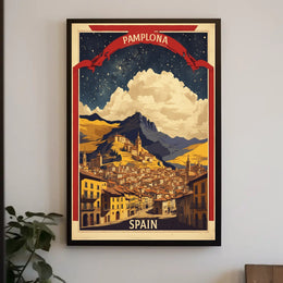 Pamplona Vintage Cityscape Night Sky Travel Poster