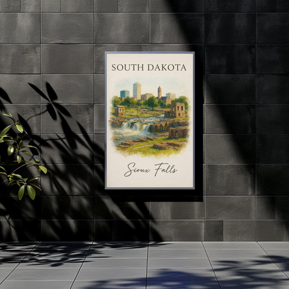 Sioux Falls South Dakota City Waterfall Vintage Travel Poster