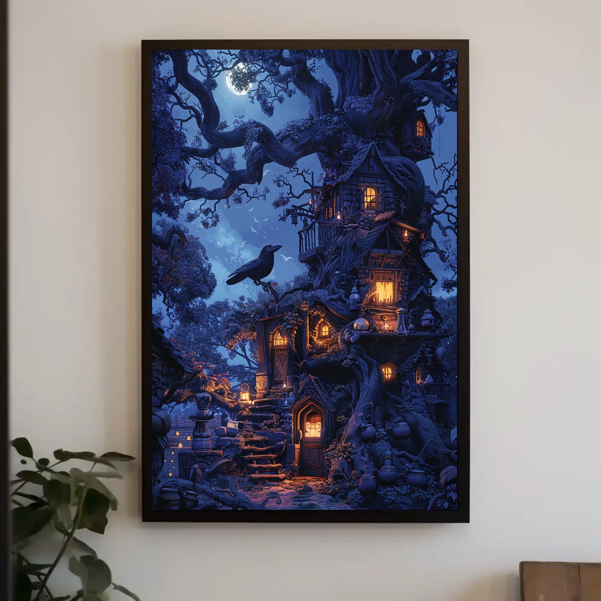 Enchanted Treehouses Under Moonlight Fantasy or Mythology Poster PosterGoat